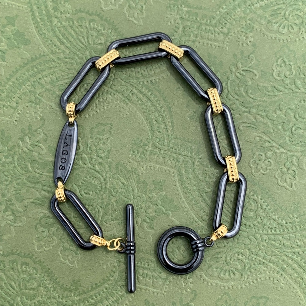 LAGOS Signature Caviar Black Ceramic 18K Yellow Gold Link Toggle Bracelet (7”)